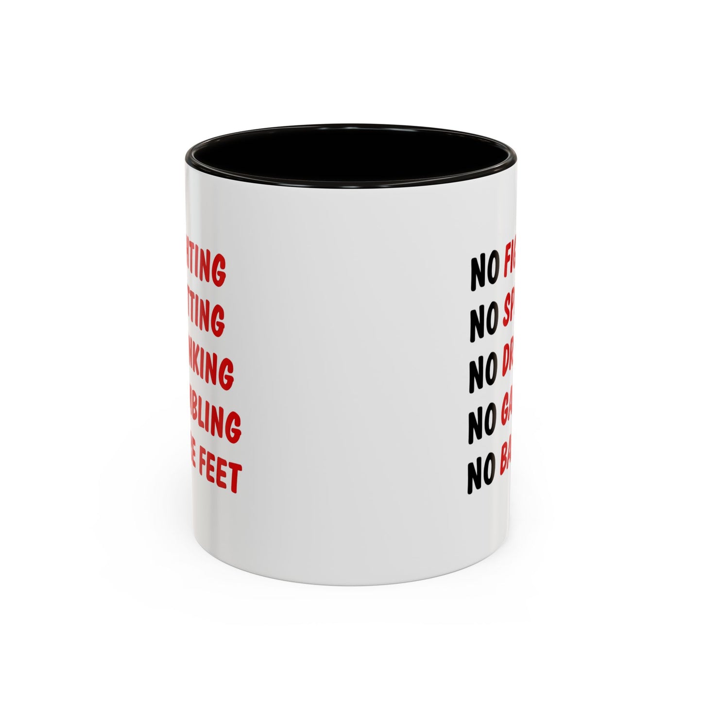 No Rules List Coffee Mug — Funny 'No Fighting, No Spitting, No Drinking…' Novelty Mug