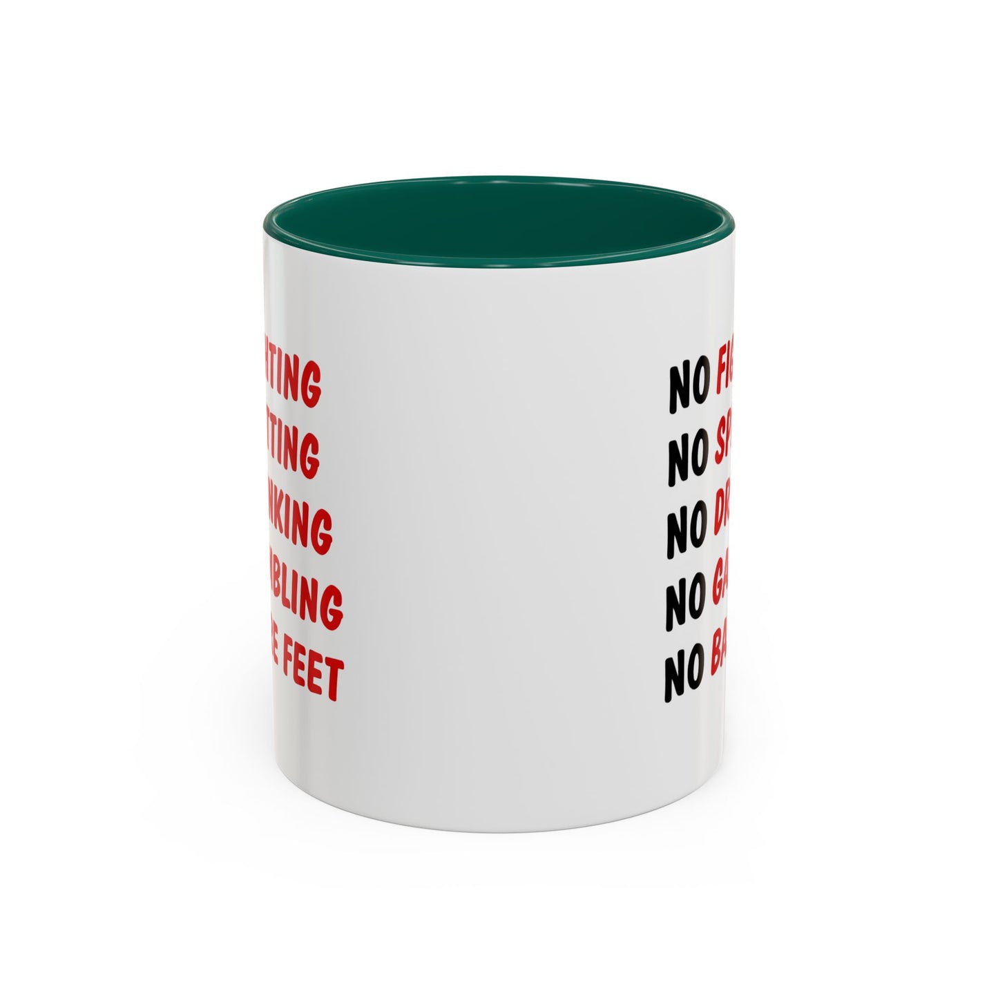 No Rules List Coffee Mug — Funny 'No Fighting, No Spitting, No Drinking…' Novelty Mug