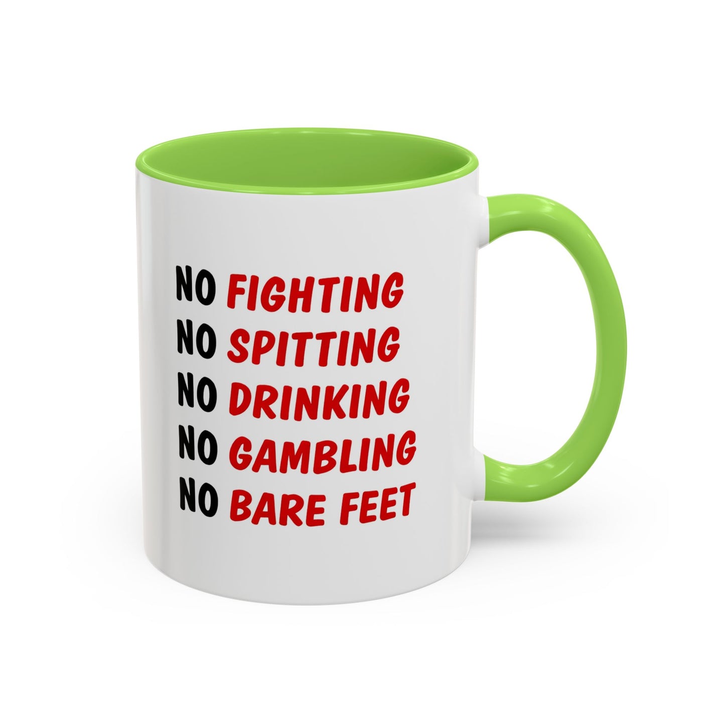 No Rules List Coffee Mug — Funny 'No Fighting, No Spitting, No Drinking…' Novelty Mug