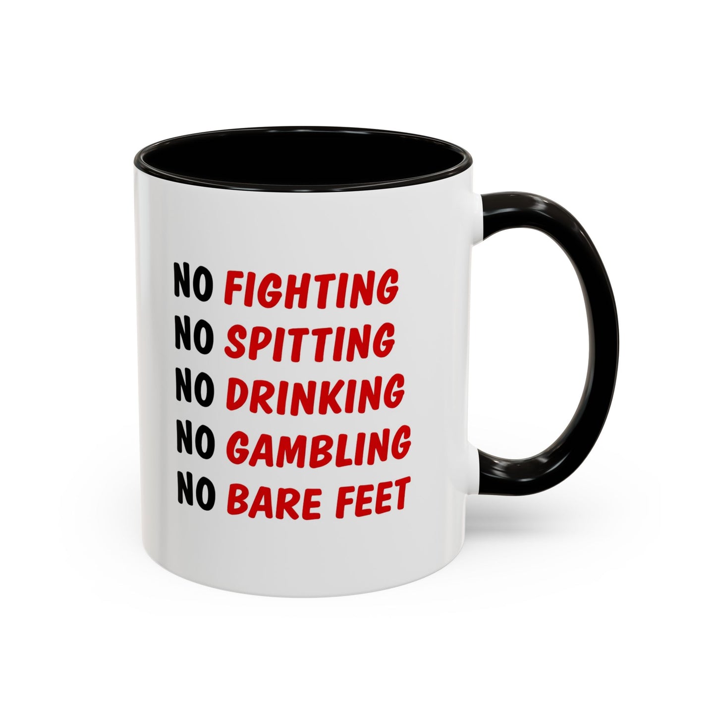 No Rules List Coffee Mug — Funny 'No Fighting, No Spitting, No Drinking…' Novelty Mug