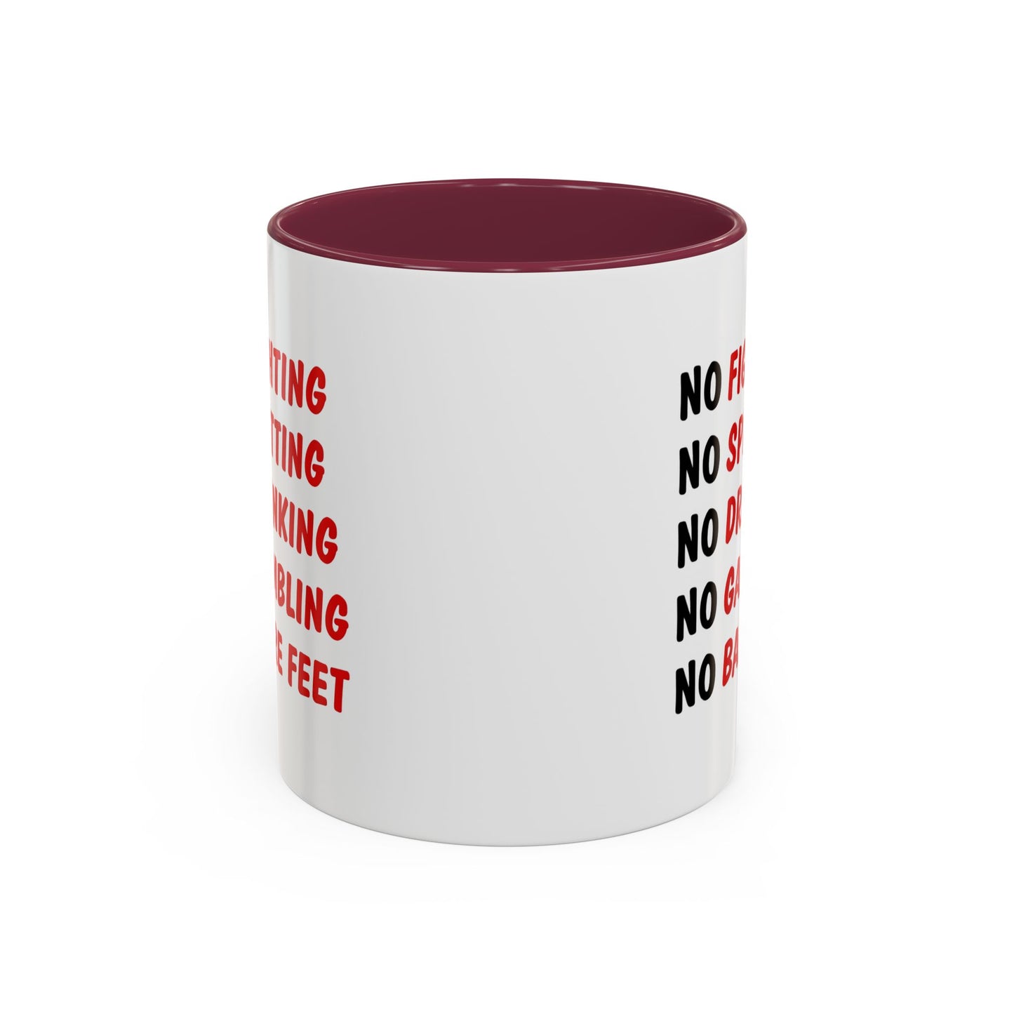 No Rules List Coffee Mug — Funny 'No Fighting, No Spitting, No Drinking…' Novelty Mug