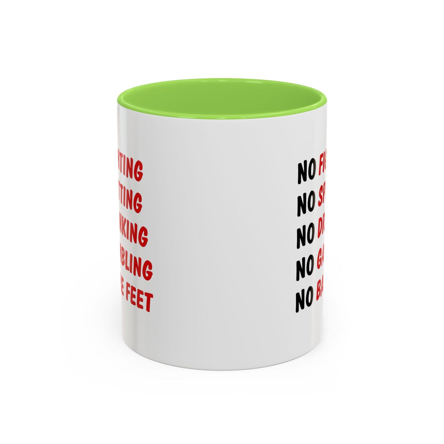 No Rules List Coffee Mug — Funny 'No Fighting, No Spitting, No Drinking…' Novelty Mug